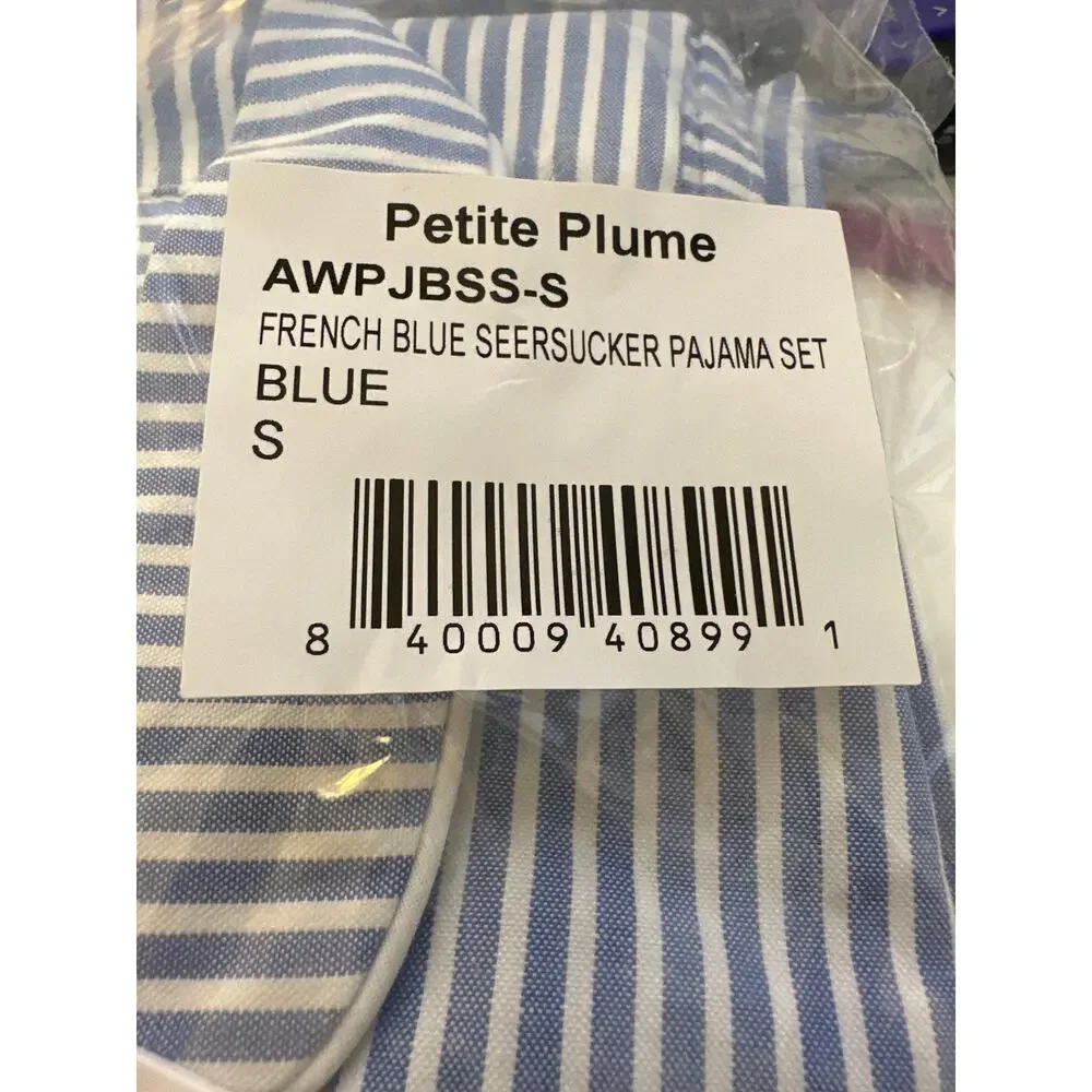 Petite Plume Seersucker Stripe Pajamas French Blue Pajama Set Womens Size Small